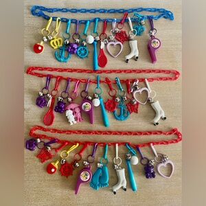 3 Vintage Colorful 80s Plastic Bell Clip-On Charm Necklaces w/ 33 Charms